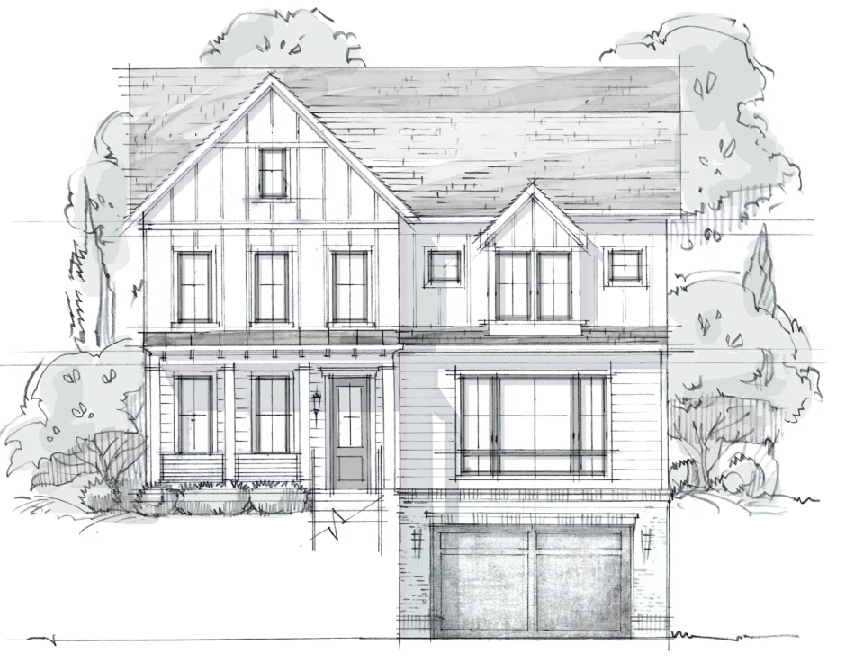 Architectural elevation sketch of a two-story craftsman farmhouse with front porch, dormer windows, and a two-car garage—concept design for a new home.