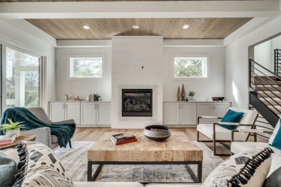 Ten Foot Ceilings, Arlington Luxury Home Plan, Ridgeview living room with fireplace