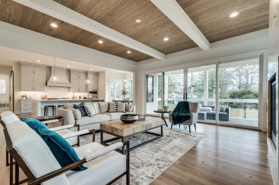 Ten Foot Ceilings, Arlington Luxury Home Plan, Ridgeview Open living room and kitchen