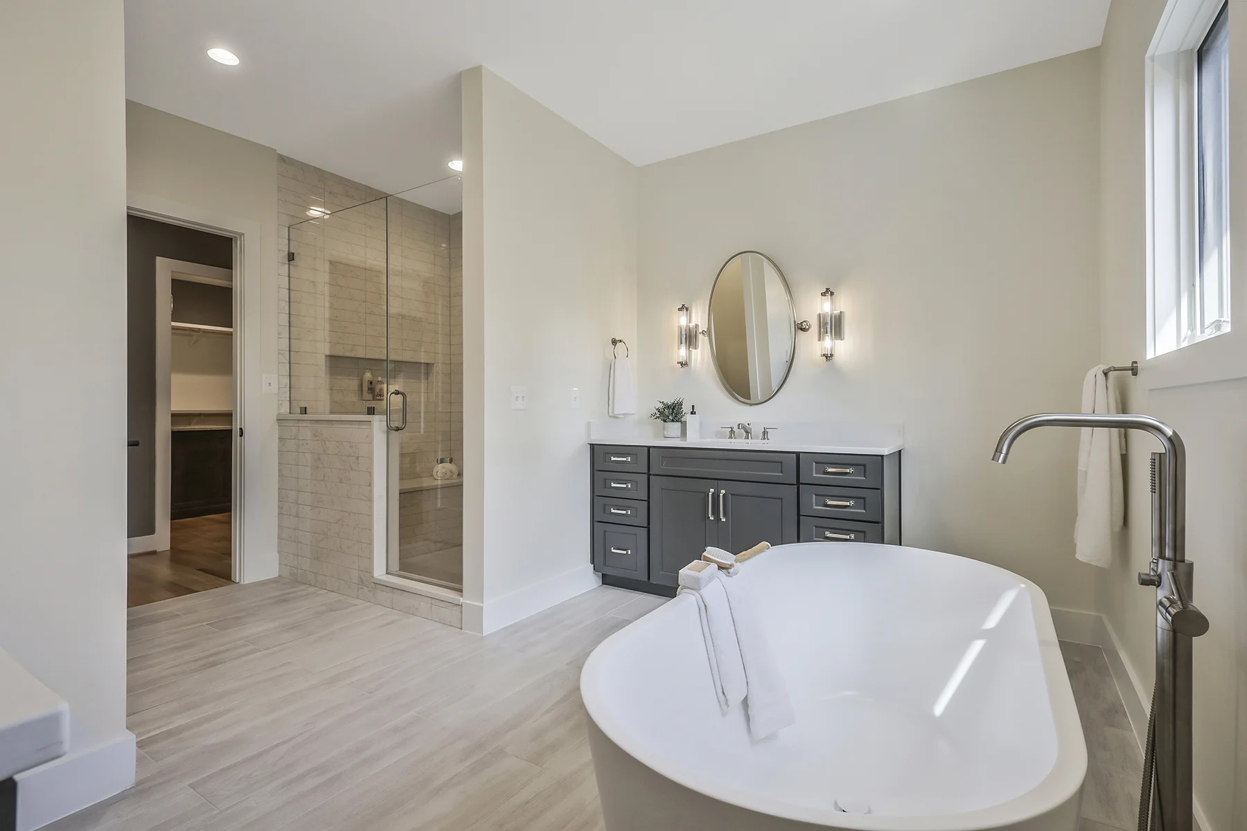 New Home Builder Plan Richmond primary bathroom tub, sink, shower